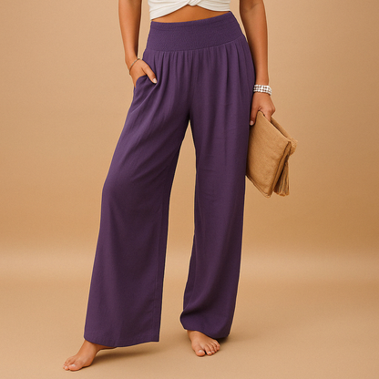 Women's Wide-Leg Trousers with Smocked High Waist and Side Pockets