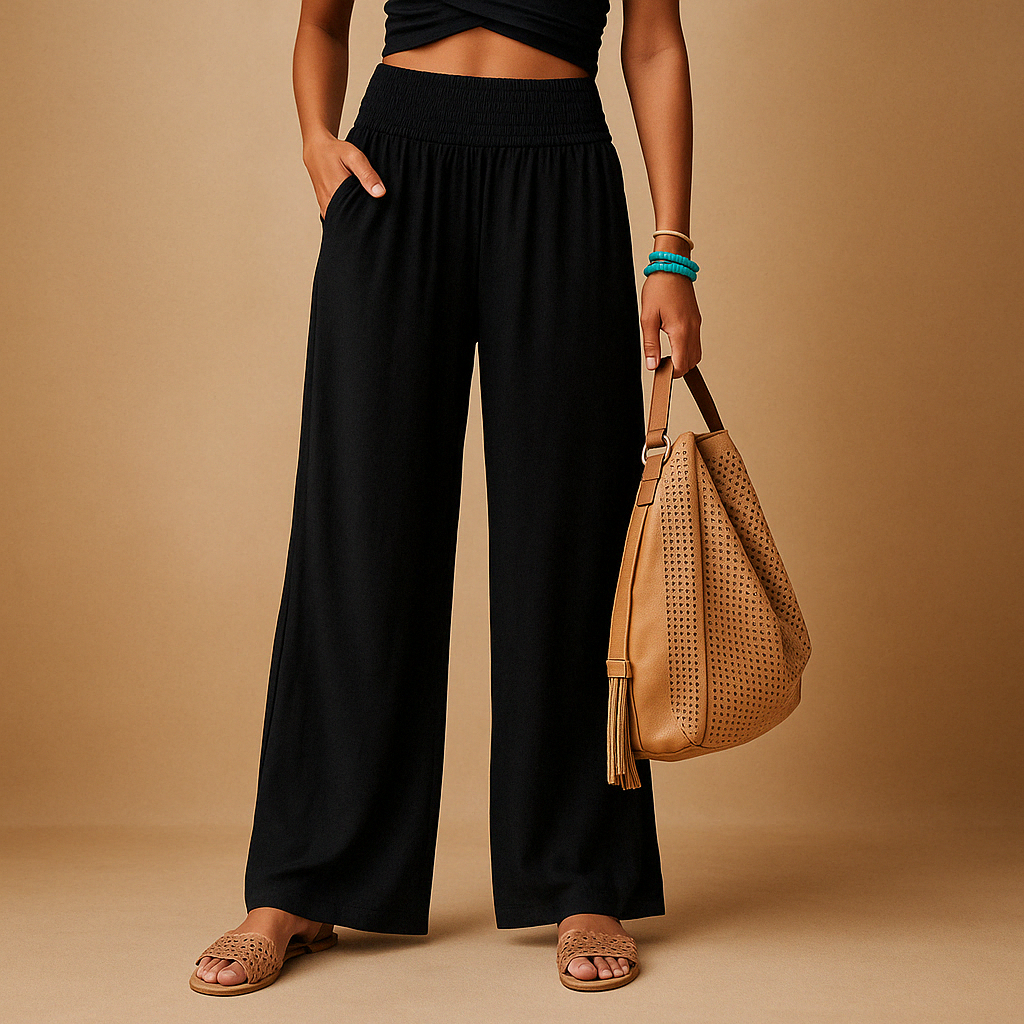 Women's Wide-Leg Trousers with Smocked High Waist and Side Pockets