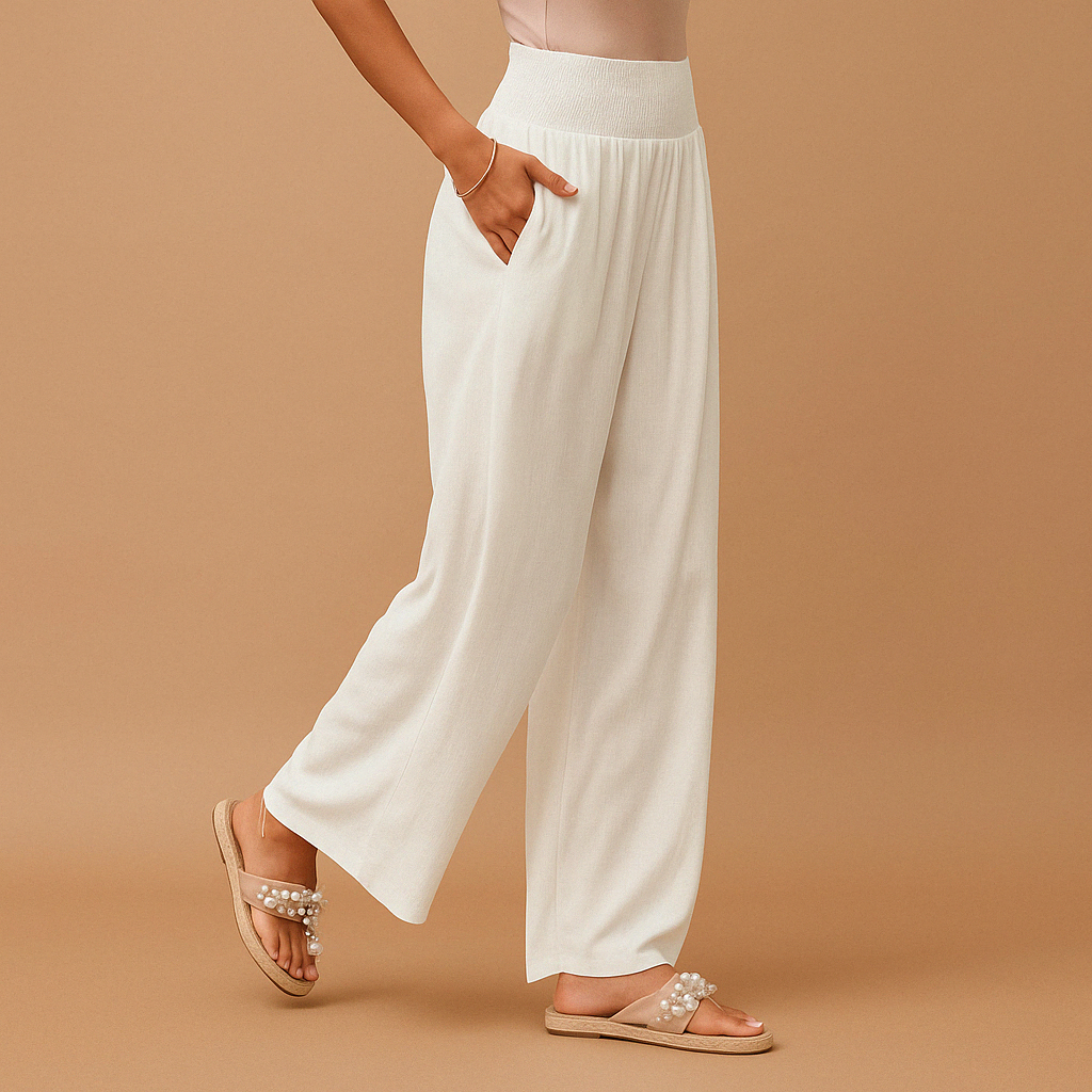 Women's Wide-Leg Trousers with Smocked High Waist and Side Pockets