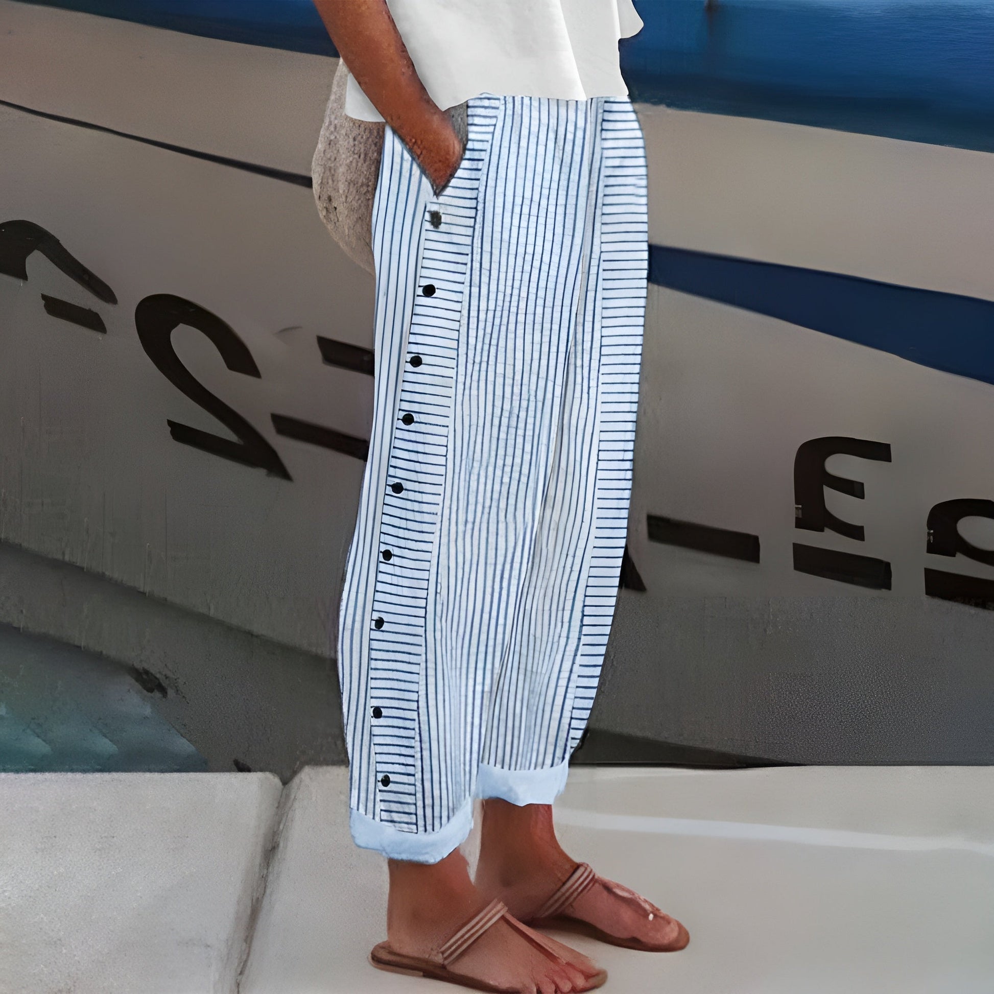 Women's Wide Leg Trousers with Striped Print and Button Detail