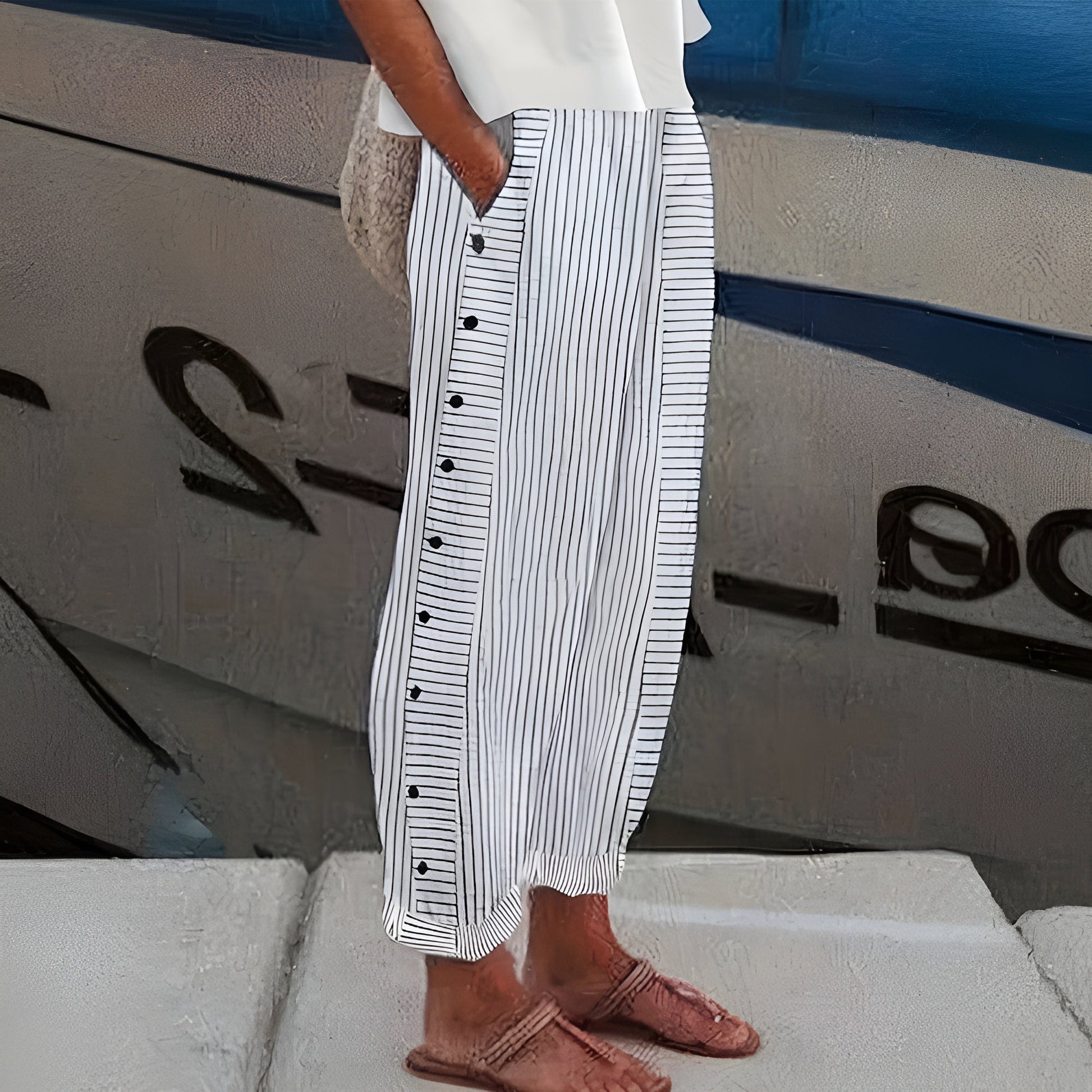 Women's Wide Leg Trousers with Striped Print and Button Detail
