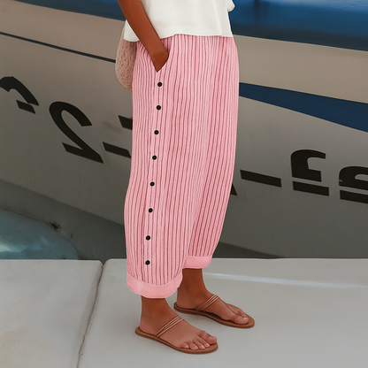 Women's Wide Leg Trousers with Striped Print and Button Detail