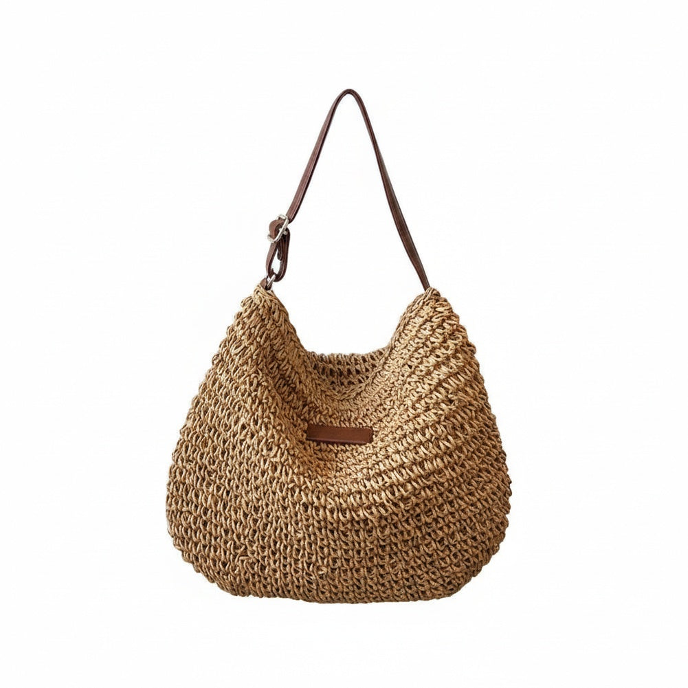 Women's Woven Straw Shoulder Bag with Adjustable Strap and Zip Closure