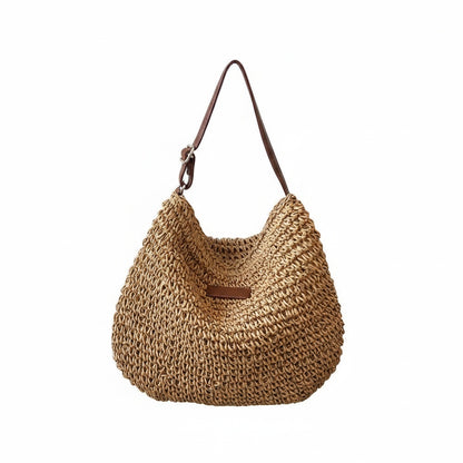 Women's Woven Straw Shoulder Bag with Adjustable Strap and Zip Closure