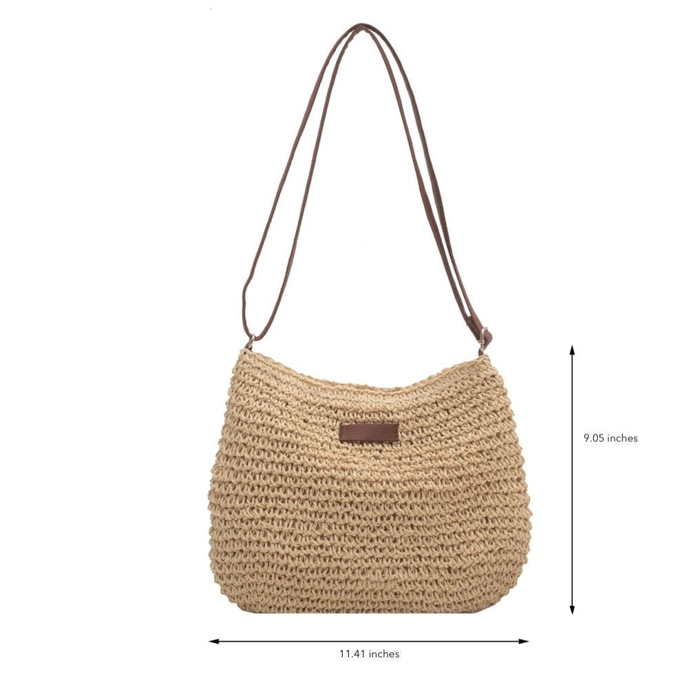 Women's Woven Straw Shoulder Bag with Adjustable Strap and Zip Closure