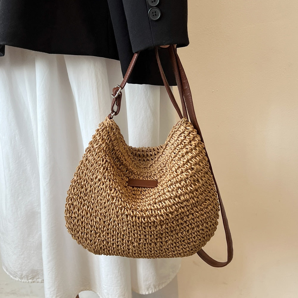 Women's Woven Straw Shoulder Bag with Adjustable Strap and Zip Closure