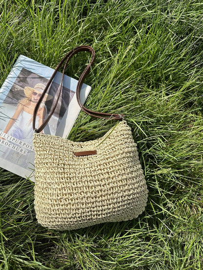 Women's Woven Straw Shoulder Bag with Adjustable Strap and Zip Closure