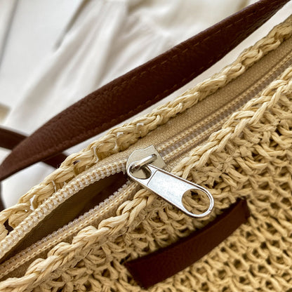 Women's Woven Straw Shoulder Bag with Adjustable Strap and Zip Closure