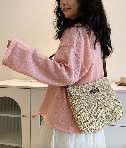 Women's Woven Straw Shoulder Bag with Adjustable Strap and Zip Closure