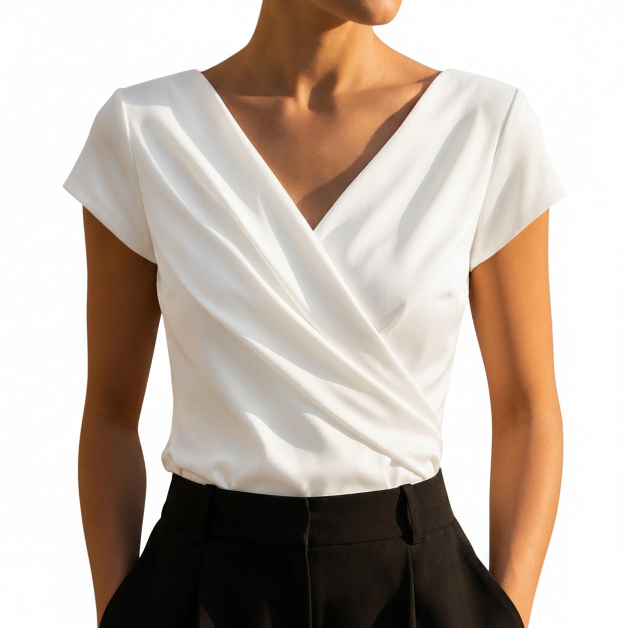 Women's Wrap Blouse with Cap Sleeves, Draped V-Neck and Crossover Front