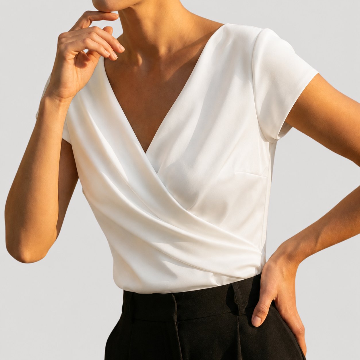 Women's Wrap Blouse with Cap Sleeves, Draped V-Neck and Crossover Front