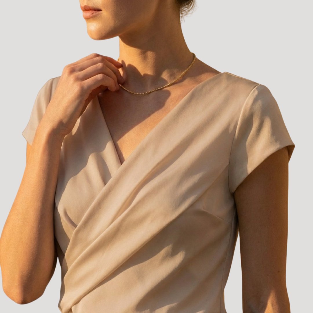 Women's Wrap Blouse with Cap Sleeves, Draped V-Neck and Crossover Front