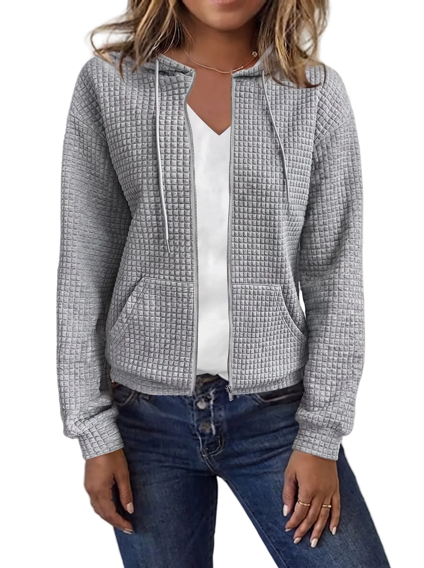 Women's Zip-Up Hoodie with Hood, Long Sleeves and Waffle Texture