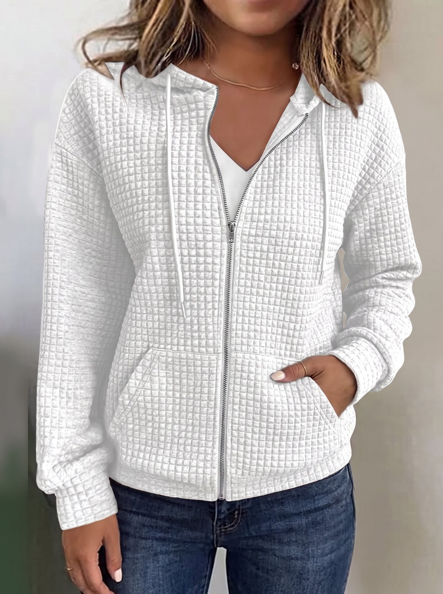 Women's Zip-Up Hoodie with Hood, Long Sleeves and Waffle Texture