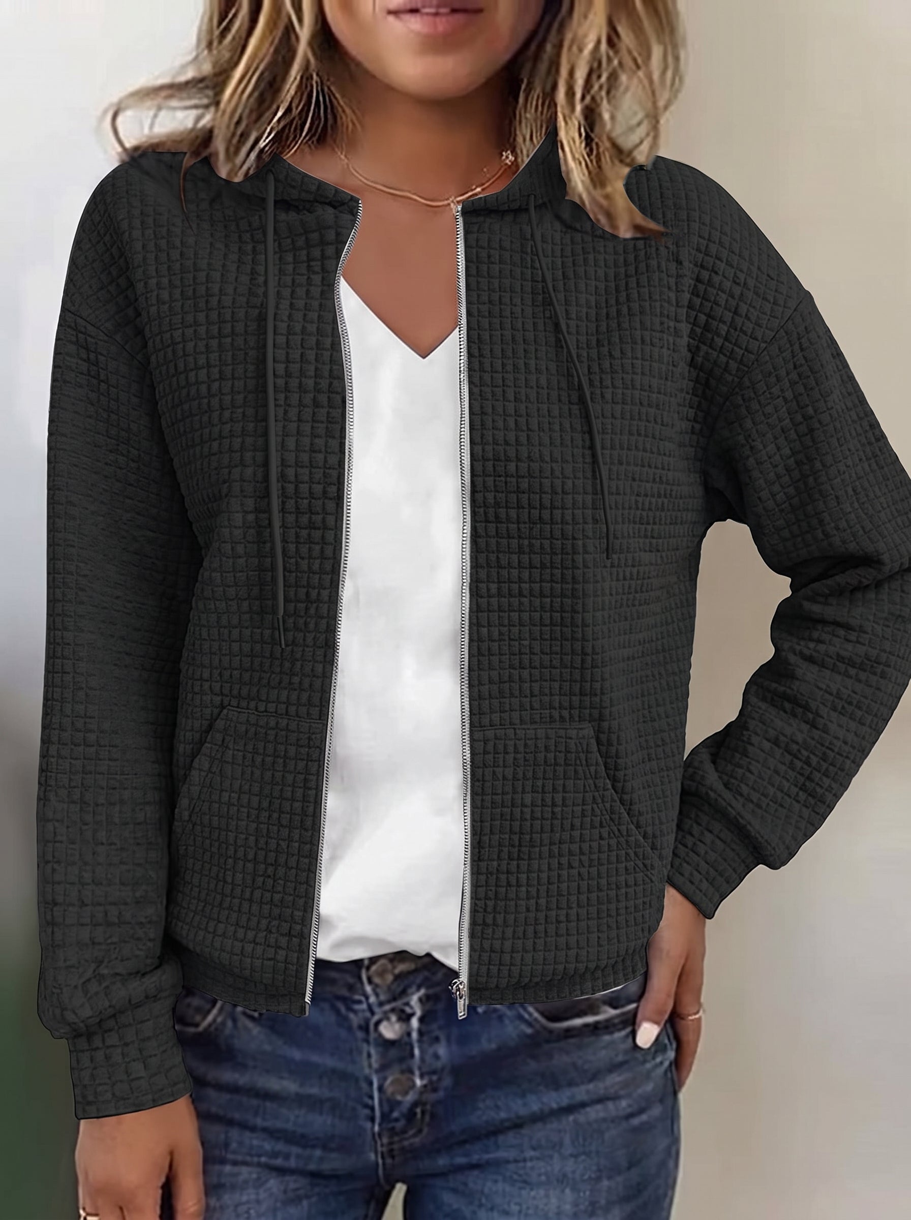 Women's Zip-Up Hoodie with Hood, Long Sleeves and Waffle Texture