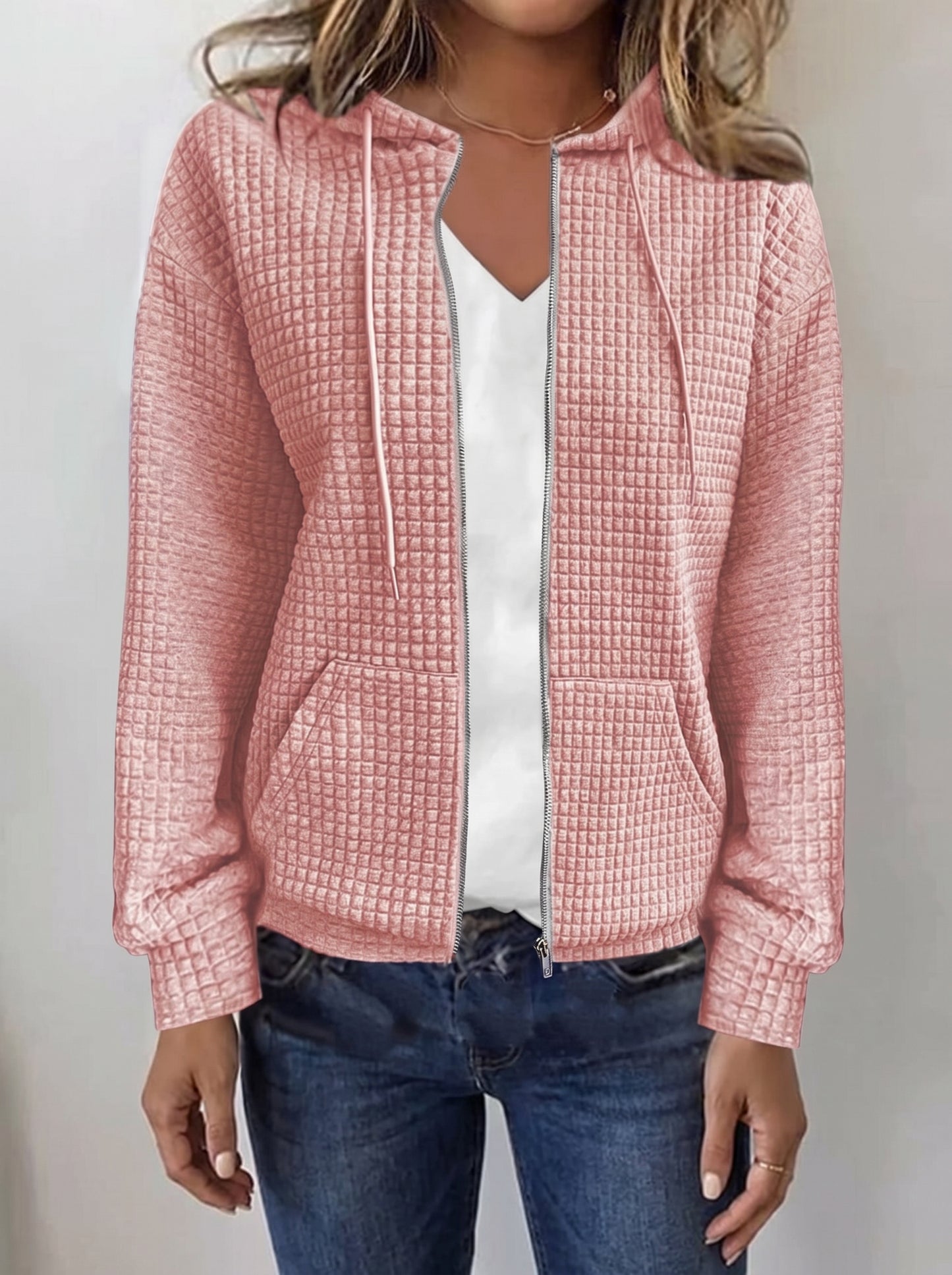 Women's Zip-Up Hoodie with Hood, Long Sleeves and Waffle Texture