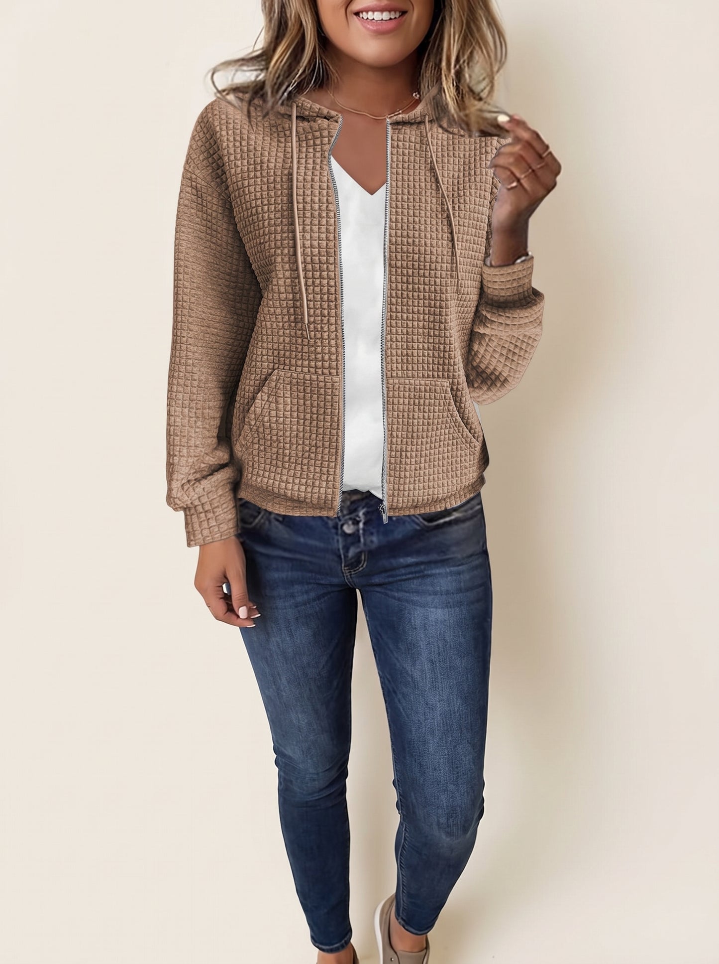 Women's Zip-Up Hoodie with Hood, Long Sleeves and Waffle Texture