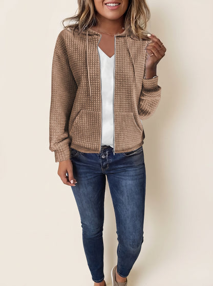 Women's Zip-Up Hoodie with Hood, Long Sleeves and Waffle Texture